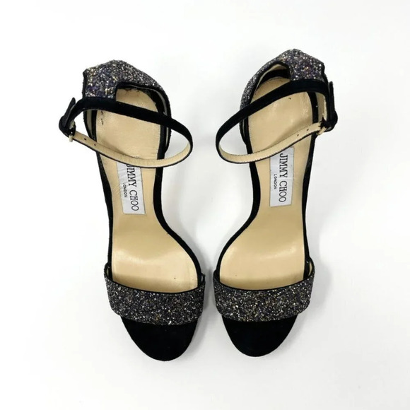 Jimmy Choo Leather Misty 120 Twilight Black Suede Glitter Sandals Heels 38.5/8.5 - Picture 6 of 14